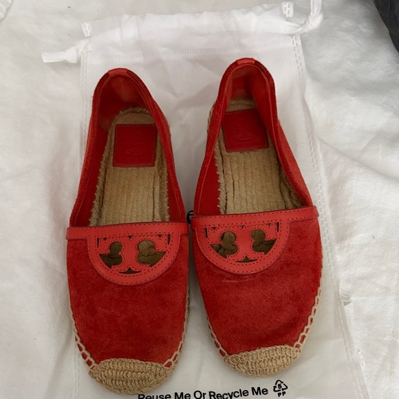 Tory Burch Shoes - Tory Burch Red Suede Logo Espadrille Flats